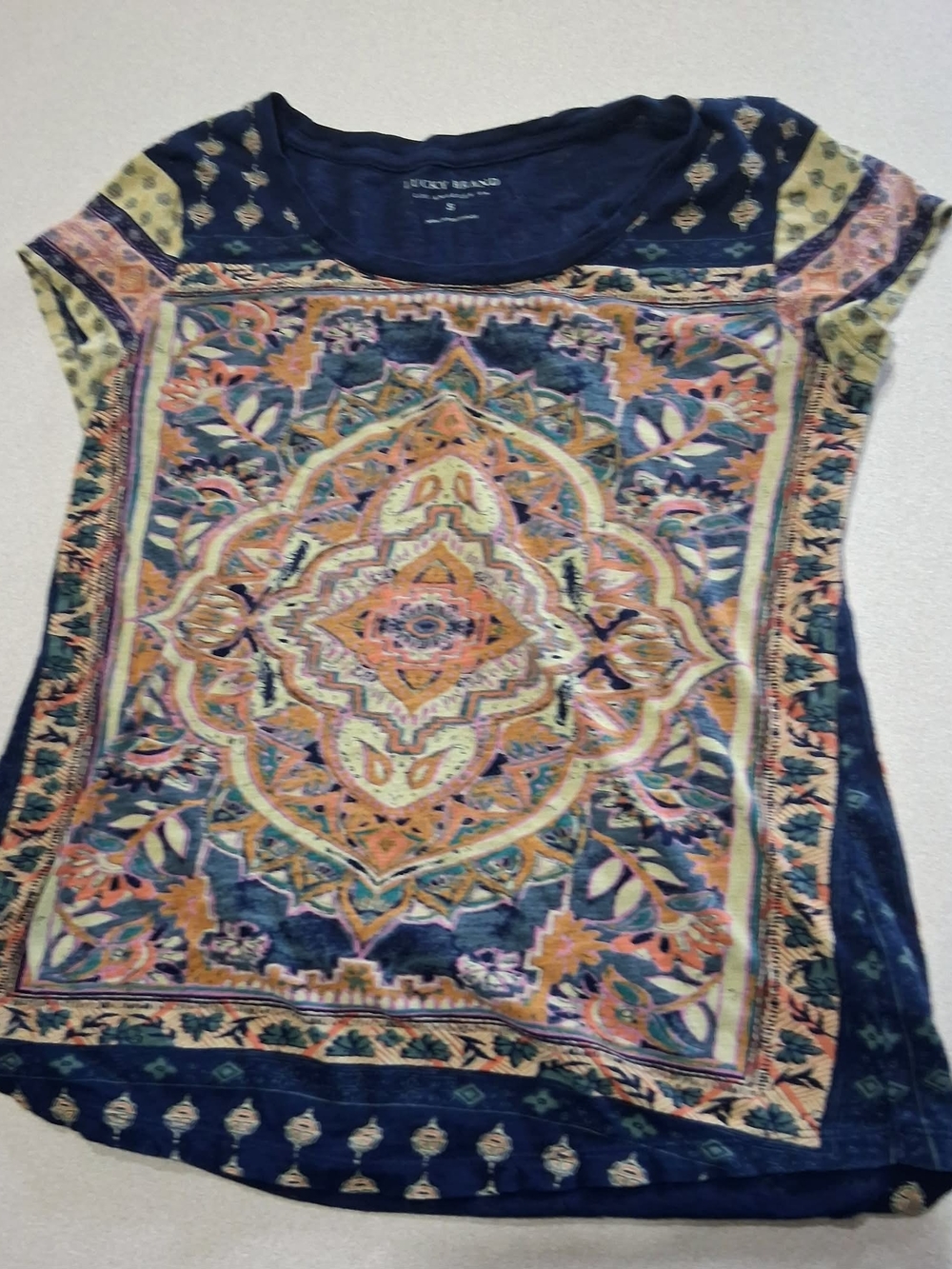 Lucky Brand Navy Blue Medallion Print Short Sleeve Top